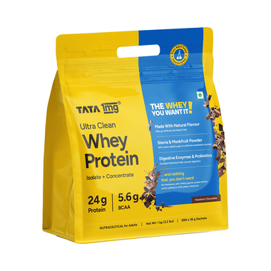 Ultra Clean Whey Protein Powder | 24g Protein, 5.6g BCAAs per Serve | 1kg Pack | by Tata 1mg | Hazelnut Chocolate