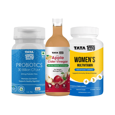 Combo Pack of Tata 1mg Women's Multivitamin Advanced Tablet (60), Organic Apple Cider Vinegar (500ml) and Probiotics 30 Billion CFUs+ Capsule (60)