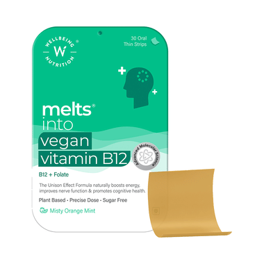 Wellbeing Nutrition Melts Into Vegan Vitamin B12 + Folate | Oral Thin Strip for Energy, Brain & Nerve Function | Sugar-Free | Flavour Misty Orange Mint