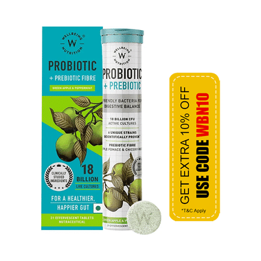 Wellbeing Nutrition Probiotic + Prebiotic Fibre With 18 Billion CFU |  Effervescent Tablet For Gut Health | Flavour Green Apple & Mint