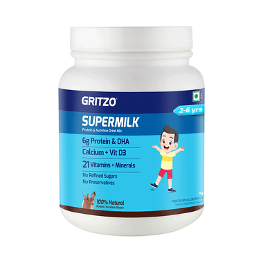 Gritzo SuperMilk For Active Kids, Protein Powder For Kids, High Protein (6 G), DHA, Calcium + D3, 21 Nutrients, No Refined Sugar, 100% Natural Double Chocolate Flavour 2-6 Yrs Powder