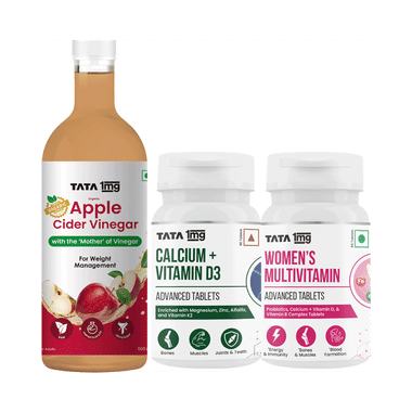 Combo Pack of Tata 1mg Women's Multivitamin Advanced Tablet (60),Calcium + Vitamin D3 Advanced Tablets (60) & Organic Apple Cider Vinegar (500ml)