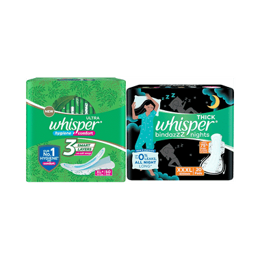 Combo Pack of Whisper Ultra Clean with Herbal Oil Sanitary Pads XL+ (50 Each) & Whisper Bindazzz Nights Pads XXXL (20 Each)