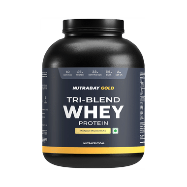 Nutrabay Gold Tri-Blend Whey Protein For Muscle Recovery & Immunity | No Added Sugar | Flavour Powder Mango Milkshake