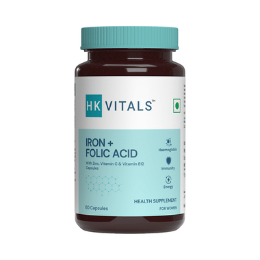 Healthkart Vitals Iron + Folic Acid | With Zinc, Vitamin C & Vitamin B12 For Anaemia, Immunity & Energy | Capsule
