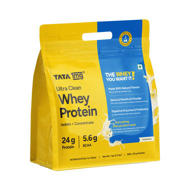 Ultra Clean Whey Protein Powder | 24g Protein, 5.6g BCAAs per Serve | 1kg Pack | by Tata 1mg | Vanilla Bean