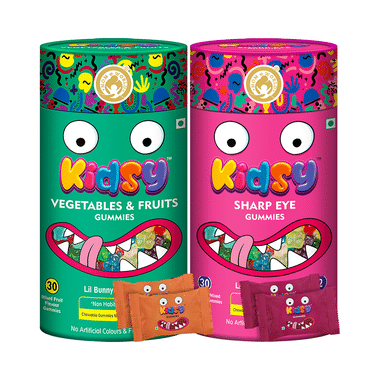 Mom & World Combo Pack Of Kidsy Vegetable Fruit And Sharp Eye Gummies (30 Each) Mixed Fruit & Strawberry Mixed