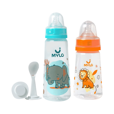 Mylo 2 In 1 BPA Free With Anti-Colic Nipple & Spoon Baby Feeding Bottle (125ml & 250 Ml) Lion & Elephant