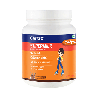 Gritzo SuperMilk For Active Kids, Protein Powder For Kids, High Protein (6 G), DHA, Calcium + D3, 21 Nutrients, No Refined Sugar, 100% Natural Double Chocolate Flavour 7-12 Yrs