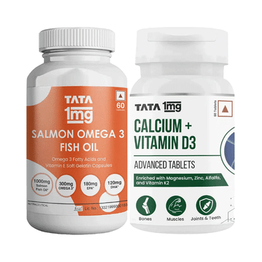 Combo Pack of Tata 1mg Salmon Omega 3 Fish Oil Capsule & Calcium + Vitamin D3 Advanced Tablets (60 Each)