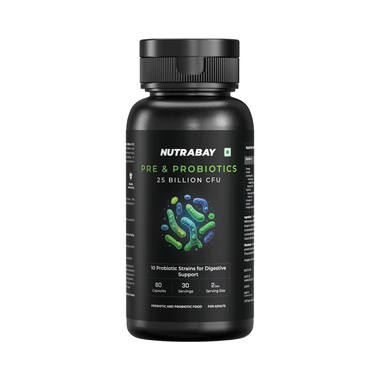 Nutrabay Wellness Pre & Probiotic Digestive Support | For Metabolism, Immunity & Gut Health | 25 Billion CFUs Capsule