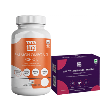 Combo Pack Of Tata 1mg Multivitamin Veg Tablet With Multimineral For Immunity, Energy And Daily Wellbeing (30) & Tata 1mg Salmon Omega 3 Fish Oil Capsule (60)