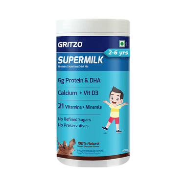 Gritzo SuperMilk For Active Kids, Protein Powder For Kids, High Protein (6 G), DHA, Calcium + D3, 21 Nutrients, No Refined Sugar, 100% Natural Double Chocolate Flavour 2-6 Yrs