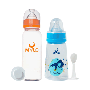 Mylo 2 In 1 BPA Free With Anti-Colic Nipple & Spoon Baby Feeding Bottle (125ml & 250 Ml) Bear & Zesty Orange