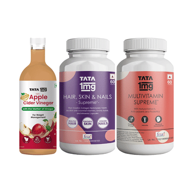 Combo Pack of Tata 1mg Multivitamin Supreme Capsule (60), Hair, Skin & Nails Supreme  Capsule (60) & Organic Apple Cider Vinegar (500ml)