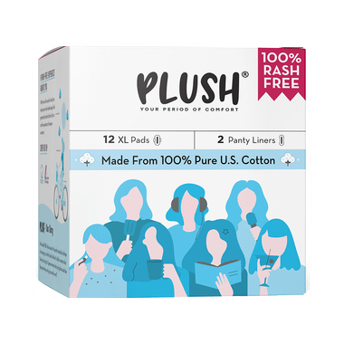 Plush 100% Pure U.S. Cotton Sanitary Pads With 2 Panty Liners XL