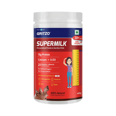 Gritzo Super Girl Milk Protein Height+ For 13+ Years Girls | With Calcium & Vitamin D3 | Flavour Double Chocolate