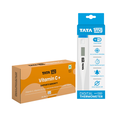 Combo Pack of Tata 1mg Vitamin C with Vitamin D3, Zinc and Amla Extract Chewable Veg Tablet, Supports Immunity (30) & Tata 1mg Digital Thermometer