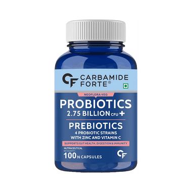 Carbamide Forte Probiotics 2.75 Billion CFU + Prebiotics 100mg | Vegetarian Capsule for Gut Health, Digestion & Immunity
