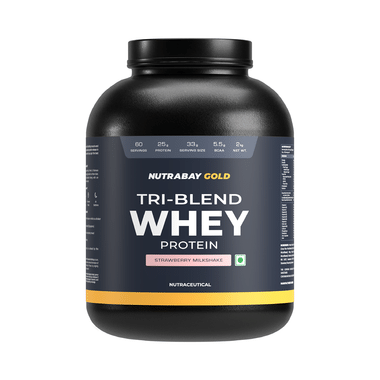 Nutrabay Gold Tri-Blend Whey Protein For Muscle Recovery & Immunity | No Added Sugar | Flavour Strawberry Milkshake
