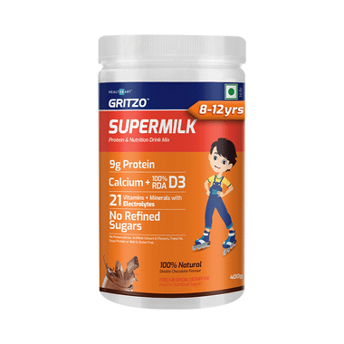 Gritzo SuperMilk for Active Kids, Protein Powder for Kids, High Protein (6 g), DHA, Calcium + D3, 21 Nutrients, No Refined Sugar, 100% Natural Double Chocolate Flavour 8-12 years Double Chocolate