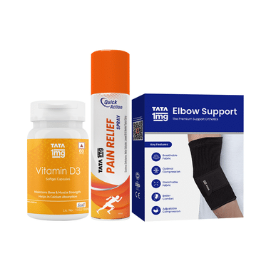 Combo Pack of Tata 1mg Vitamin D3 Capsule (60), Tata 1mg Elbow Support Large & Tata 1mg Pain Relief Spray (100gm)