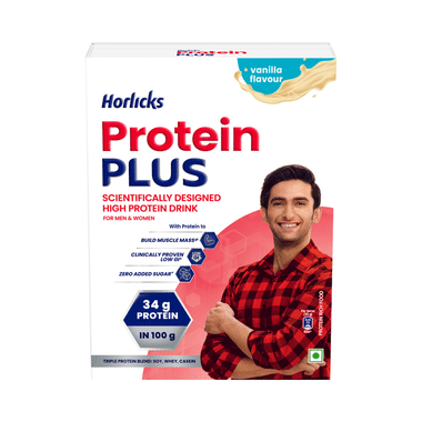 Horlicks Protein Plus With Triple Protein Blend Of Soy, Whey, Casein | No Added Sugar | Flavour Vanilla