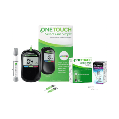 Combo Pack of OneTouch Select Plus Simple Glucometer with 10 Free Strips Black, OneTouch Select Plus Test Strip Green (25) & OneTouch Ultrasoft Lancets (25)