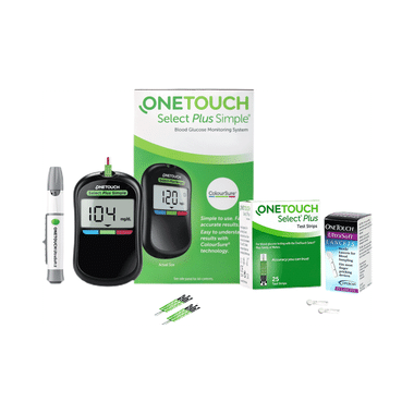 Combo Pack Of OneTouch Select Plus Simple Glucometer With 10 Free Strips Black, OneTouch Select Plus Test Strip Green (25) & OneTouch Ultrasoft Lancets (25)