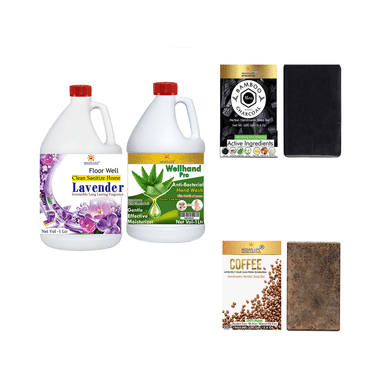 Indian Life Combo Pack Of Floor Well Disinfectant Lavender (1Ltr) & Wellhand Pro Hand Wash (1Ltr) With Charcoal Soap (50gm) & Neem And Turmeric Soap (100gm) Free