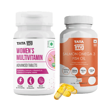 Combo Pack Of Tata 1mg Salmon Omega 3 Fish Oil Capsule (60) & Tata 1mg Women's Multivitamin Veg Tablet (60)