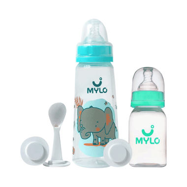 Mylo 2 In 1 BPA Free With Anti-Colic Nipple & Spoon Baby Feeding Bottle (125ml & 250 Ml) Sea Green & Elephant