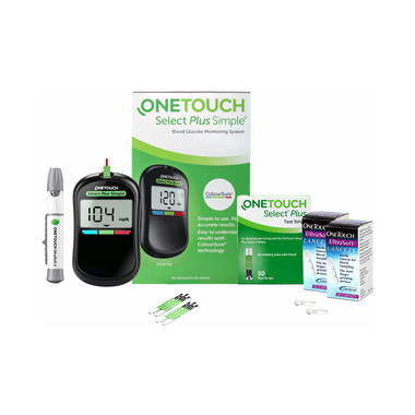 Combo Pack of OneTouch Select Plus Simple Glucometer with 10 Free Strips Black, OneTouch Select Plus Test Strip (50) & 2 Boxes of OneTouch Ultrasoft Lancets (25 Each)