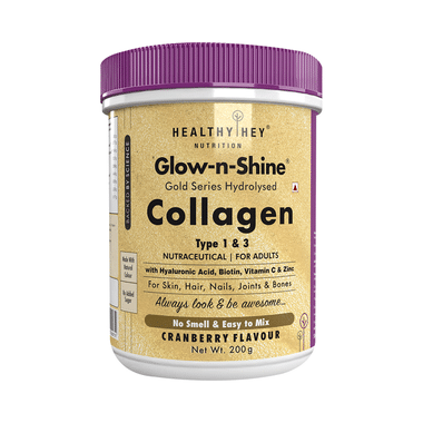 HealthyHey Nutrition Glow-N-Shine Gold Series Hydrolysed Collagen Type 1 & 3 For Skin, Hair, Nails, Bones & Joints | For Adults | Flavour Cranberry
