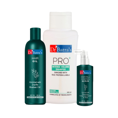 Dr Batra's Combo Pack Of Hair Fall Control Serum 125ml, Hair Oil 200ml And Pro+ Intense Volume Shampoo 500ml