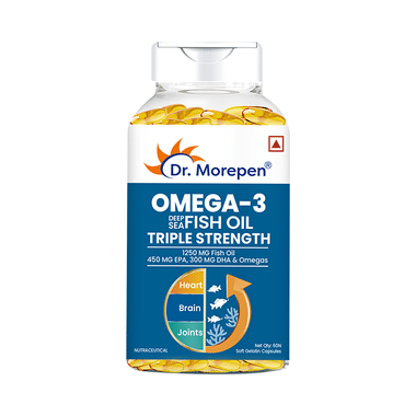 Dr. Morepen Triple Strength Omega 3 Fish Oil 1250mg Softgel with Vitamin E | For Heart & Brain Function | Bone, Joint & Muscle Care