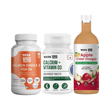 Combo Pack of Tata 1mg Calcium + Vitamin D3 Advanced Tablet (60), Salmon Omega 3 Fish Oil Capsule (60) and Organic Apple Cider Vinegar (500ml)