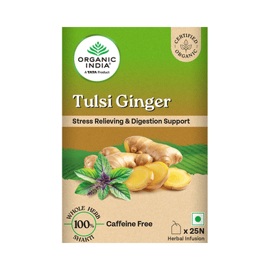 A TATA Product - Organic India Tulsi Ginger Green Tea For Stress Relief & Mood Upliftment | Caffeine Free