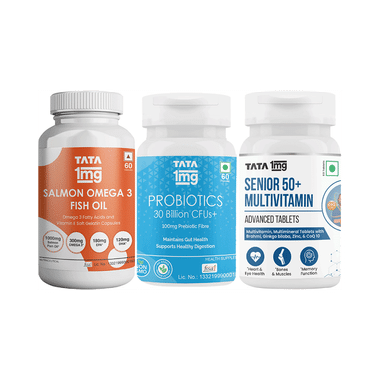 Combo Pack of Tata 1mg Senior 50+ Multivitamin & Multimineral Advanced Tablet (60), Salmon Omega 3 Fish Oil Capsule (60) & Probiotics 30 Billion CFUs+ Capsule (60)