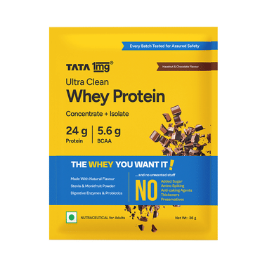 Ultra Clean Whey Protein (Concentrate+Isolate) | 24g Protein, 5.6g BCAA | By Tata 1mg | Hazelnut Chocolate