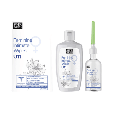 SheNeed Feminine Intimate UTI Relief Combo Pack with UTI wipes (10), UTI Relief Douche (122ml) & UTI Intimate Wash (100ml)