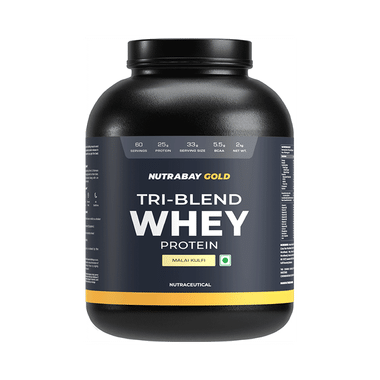 Nutrabay Gold Tri-Blend Whey Protein For Muscle Recovery & Immunity | No Added Sugar | Flavour Powder Malai Kulfi