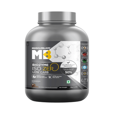 MuscleBlaze Biozyme Iso-Zero Low Carb Isolate Whey Protein Powder | 27g Per Scoop | Flavour Ice Cream Chocolate