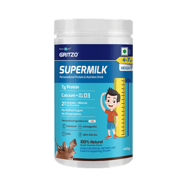 Gritzo Super Milk Protein Height+ For 4 To 7 Years | With Calcium & Vitamin D3 | Flavour Double Chocolate