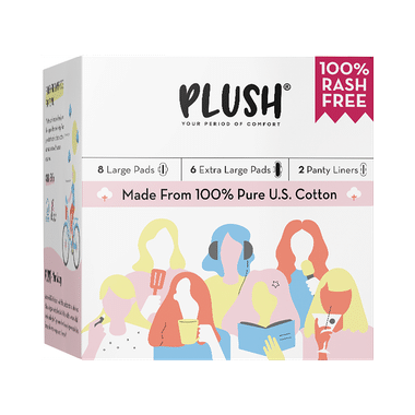 Plush 100% Pure U.S. Cotton Sanitary Pads (8 Large & 6 Extra Large) And 2 Panty Liner