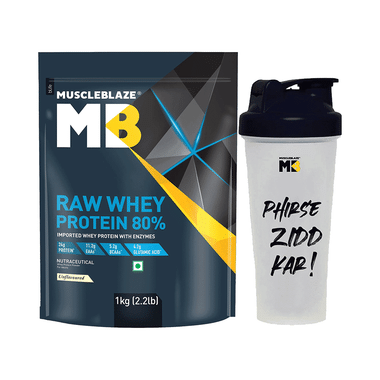 MuscleBlaze Raw Whey Protein 80% | Added Digestive Enzymes For Muscle Gain | No Added Sugar | Flavour Powder With Shaker 650ml Unflavored
