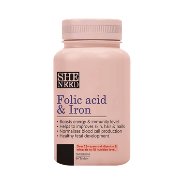 SheNeed Folic Acid & Iron Tablet for Women | Boosts Energy, Immunity & Blood Cell Production