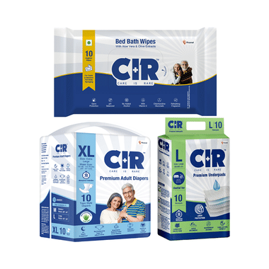 Combo Pack of CIR Premium Adult Unisex Diaper with Aloe Vera XL (10) & Bed bath Wipe (10) & Premium Underpad Large (10)