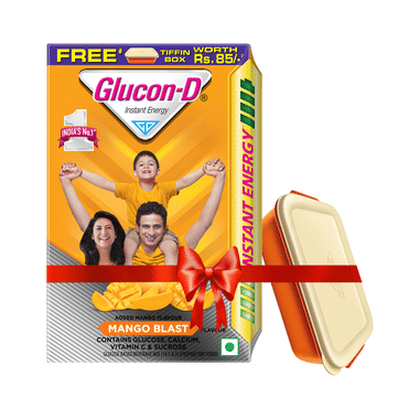 Glucon-D With Glucose, Calcium, Vitamin C & Sucrose | Flavour Mango Burst With Tiffin Box Free