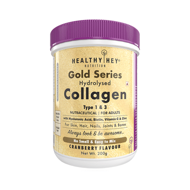 HealthyHey Nutrition Gold Series Hydrolysed Collagen Type 1 & 3 For Skin, Hair, Nails, Bones & Joints | For Adults | Flavour Cranberry